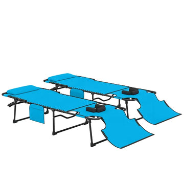 2 Piece Folding Chaise Lounge Pool Chairs with 5-level Reclining Back, Reading Hole, Side Pocket, Blue - product image 1