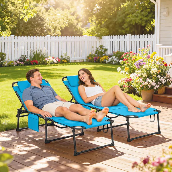2 Piece Folding Chaise Lounge Pool Chairs with 5-level Reclining Back, Reading Hole, Side Pocket, Blue - product image 2