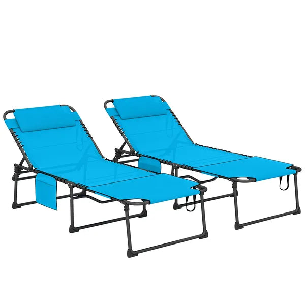 2 Piece Folding Chaise Lounge Pool Chairs with 5-level Reclining Back, Reading Hole, Side Pocket, Blue - product image 11