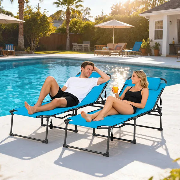 2 Piece Folding Chaise Lounge Pool Chairs with 5-level Reclining Back, Reading Hole, Side Pocket, Blue - product image 10