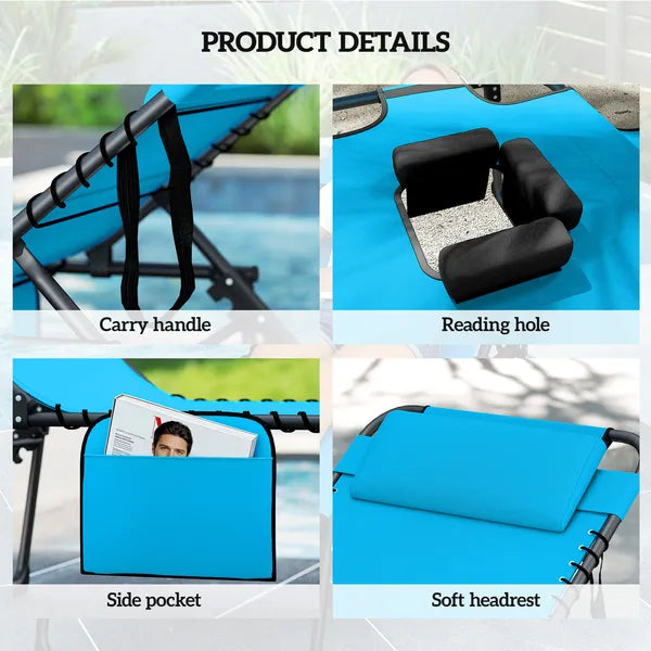 2 Piece Folding Chaise Lounge Pool Chairs with 5-level Reclining Back, Reading Hole, Side Pocket, Blue - product image 5