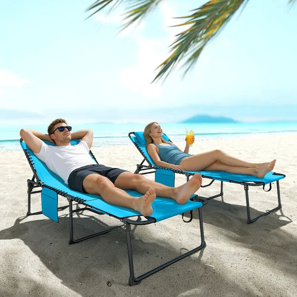2 Piece Folding Chaise Lounge Pool Chairs with 5-level Reclining Back, Reading Hole, Side Pocket, Blue - product image 8