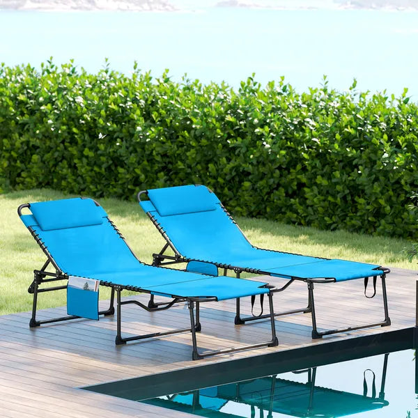 2 Piece Folding Chaise Lounge Pool Chairs with 5-level Reclining Back, Reading Hole, Side Pocket, Blue - product image 9