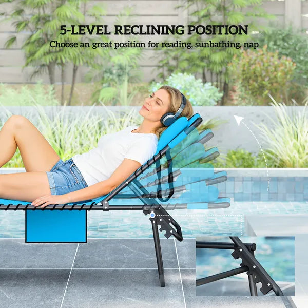 2 Piece Folding Chaise Lounge Pool Chairs with 5-level Reclining Back, Reading Hole, Side Pocket, Blue - product image 6