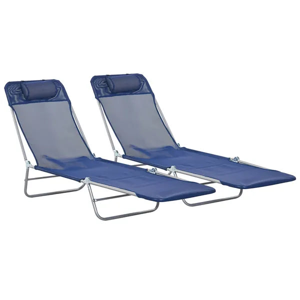 2 Piece Sun Loungers Dark Blue Folding Chaise Lounge Chairs with Reclining Back Breathable Mesh Seat Headrest for Comfort - product image 11