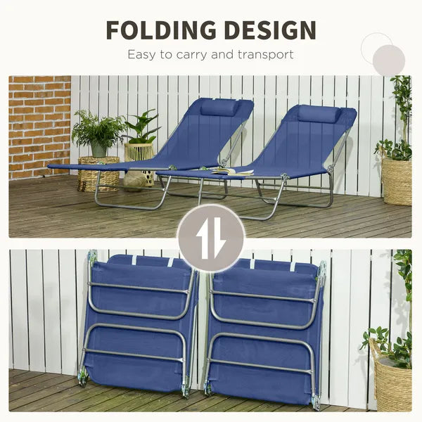 2 Piece Sun Loungers Dark Blue Folding Chaise Lounge Chairs with Reclining Back Breathable Mesh Seat Headrest for Comfort - product image 5