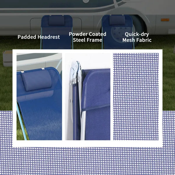 2 Piece Sun Loungers Dark Blue Folding Chaise Lounge Chairs with Reclining Back Breathable Mesh Seat Headrest for Comfort - product image 6