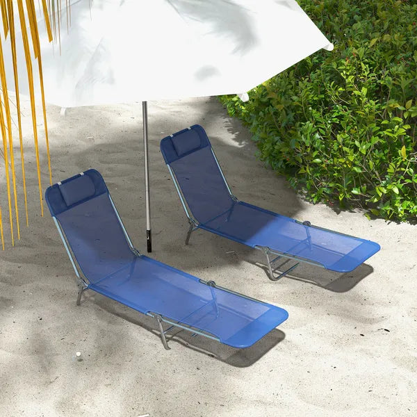 2 Piece Sun Loungers Dark Blue Folding Chaise Lounge Chairs with Reclining Back Breathable Mesh Seat Headrest for Comfort - product image 10