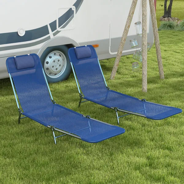 2 Piece Sun Loungers Dark Blue Folding Chaise Lounge Chairs with Reclining Back Breathable Mesh Seat Headrest for Comfort - product image 2