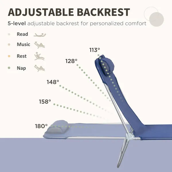 2 Piece Sun Loungers Dark Blue Folding Chaise Lounge Chairs with Reclining Back Breathable Mesh Seat Headrest for Comfort - product image 4