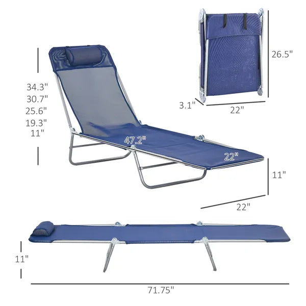2 Piece Sun Loungers Dark Blue Folding Chaise Lounge Chairs with Reclining Back Breathable Mesh Seat Headrest for Comfort - product image 3