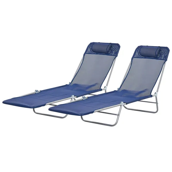 2 Piece Sun Loungers Dark Blue Folding Chaise Lounge Chairs with Reclining Back Breathable Mesh Seat Headrest for Comfort - product image 1