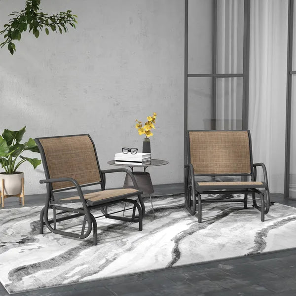 2 Pieces Glider Chair Outdoor, Steel Swing, Curved Armrests, Brown, for Porch, Garden, Poolside, Balcony, Mixed Brown - product image 2