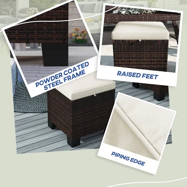 2 Pieces Wicker Outdoor Ottomans with Cushions, Rattan Ottoman Footrest and Side Table for Patio Yard Poolside, Beige - product image 5