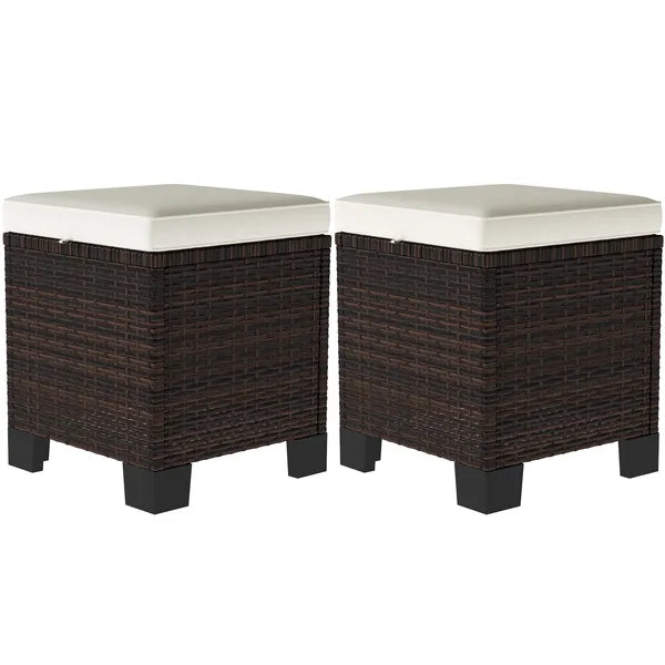2 Pieces Wicker Outdoor Ottomans with Cushions, Rattan Ottoman Footrest and Side Table for Patio Yard Poolside, Beige - product image 1