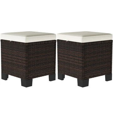 2 Pieces Wicker Outdoor Ottomans with Cushions, Rattan Ottoman Footrest and Side Table for Patio Yard Poolside, Beige - product image 1