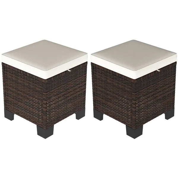 2 Pieces Wicker Outdoor Ottomans with Cushions, Rattan Ottoman Footrest and Side Table for Patio Yard Poolside, Beige - product image 11