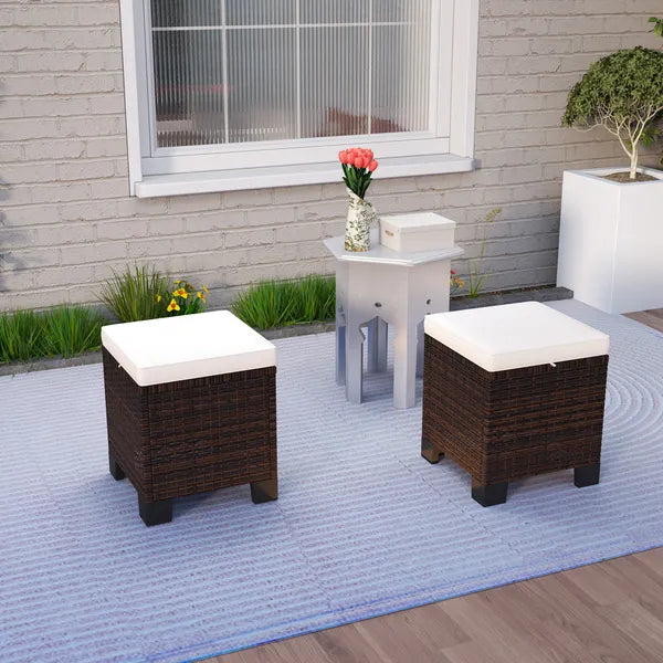 2 Pieces Wicker Outdoor Ottomans with Cushions, Rattan Ottoman Footrest and Side Table for Patio Yard Poolside, Beige - product image 10