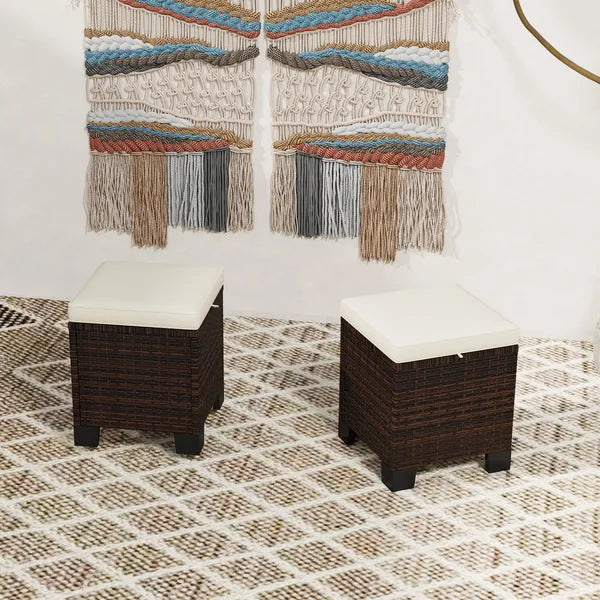 2 Pieces Wicker Outdoor Ottomans with Cushions, Rattan Ottoman Footrest and Side Table for Patio Yard Poolside, Beige - product image 9