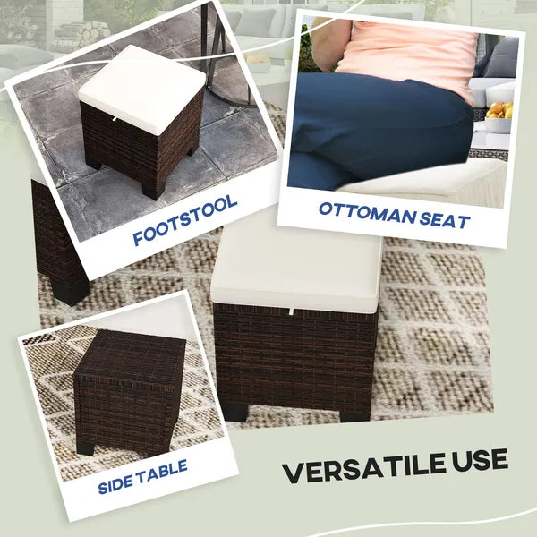 2 Pieces Wicker Outdoor Ottomans with Cushions, Rattan Ottoman Footrest and Side Table for Patio Yard Poolside, Beige - product image 7