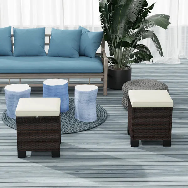 2 Pieces Wicker Outdoor Ottomans with Cushions, Rattan Ottoman Footrest and Side Table for Patio Yard Poolside, Beige - product image 2