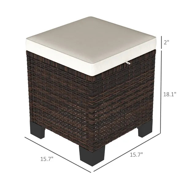 2 Pieces Wicker Outdoor Ottomans with Cushions, Rattan Ottoman Footrest and Side Table for Patio Yard Poolside, Beige - product image 3