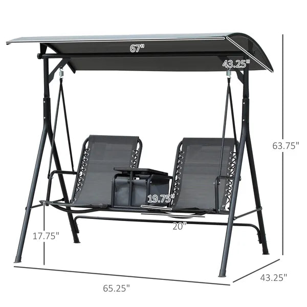 Outsunny 2-Seat Outdoor Porch Swing, with Pivot Storage Table, Adjustable Tilt Canopy, Anti-Slip Foot Pad, Breathable Mesh Seat, Grey - product image 3