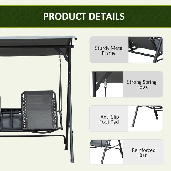 Outsunny 2-Seat Outdoor Porch Swing, with Pivot Storage Table, Adjustable Tilt Canopy, Anti-Slip Foot Pad, Breathable Mesh Seat, Grey - product image 6