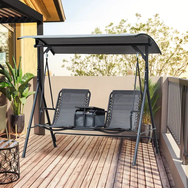 Outsunny 2-Seat Outdoor Porch Swing, with Pivot Storage Table, Adjustable Tilt Canopy, Anti-Slip Foot Pad, Breathable Mesh Seat, Grey - product image 2