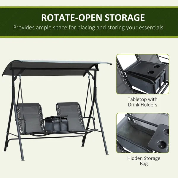 Outsunny 2-Seat Outdoor Porch Swing, with Pivot Storage Table, Adjustable Tilt Canopy, Anti-Slip Foot Pad, Breathable Mesh Seat, Grey - product image 5