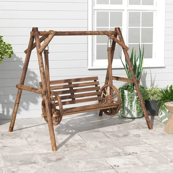 2-Seat Porch Swing with A-Frame Stand, Wooden Log Patio Swing Chair Bench with Wagon Wheel Armrests, Carbonized Brown - product image 7
