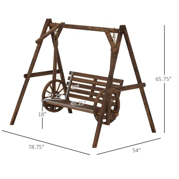2-Seat Porch Swing with A-Frame Stand, Wooden Log Patio Swing Chair Bench with Wagon Wheel Armrests, Carbonized Brown - product image 3