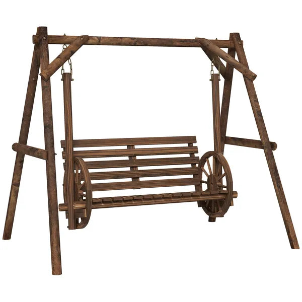 2-Seat Porch Swing with A-Frame Stand, Wooden Log Patio Swing Chair Bench with Wagon Wheel Armrests, Carbonized Brown - product image 11