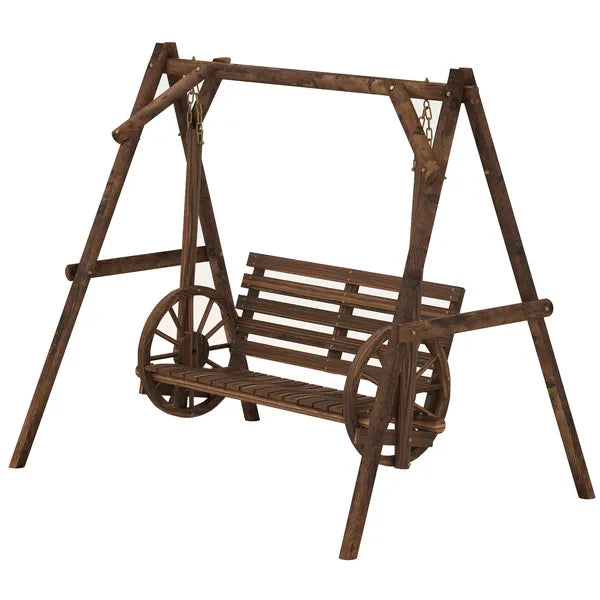 2-Seat Porch Swing with A-Frame Stand, Wooden Log Patio Swing Chair Bench with Wagon Wheel Armrests, Carbonized Brown - product image 1