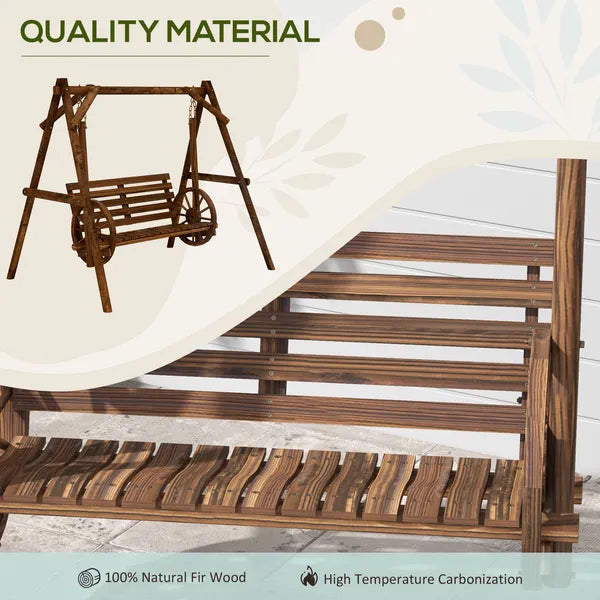2-Seat Porch Swing with A-Frame Stand, Wooden Log Patio Swing Chair Bench with Wagon Wheel Armrests, Carbonized Brown - product image 4