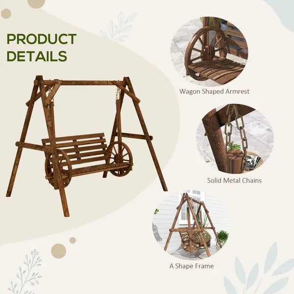 2-Seat Porch Swing with A-Frame Stand, Wooden Log Patio Swing Chair Bench with Wagon Wheel Armrests, Carbonized Brown - product image 6