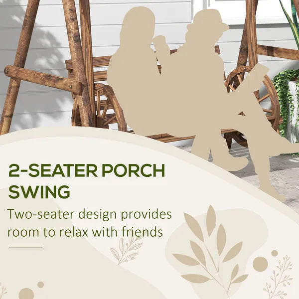 2-Seat Porch Swing with A-Frame Stand, Wooden Log Patio Swing Chair Bench with Wagon Wheel Armrests, Carbonized Brown - product image 5