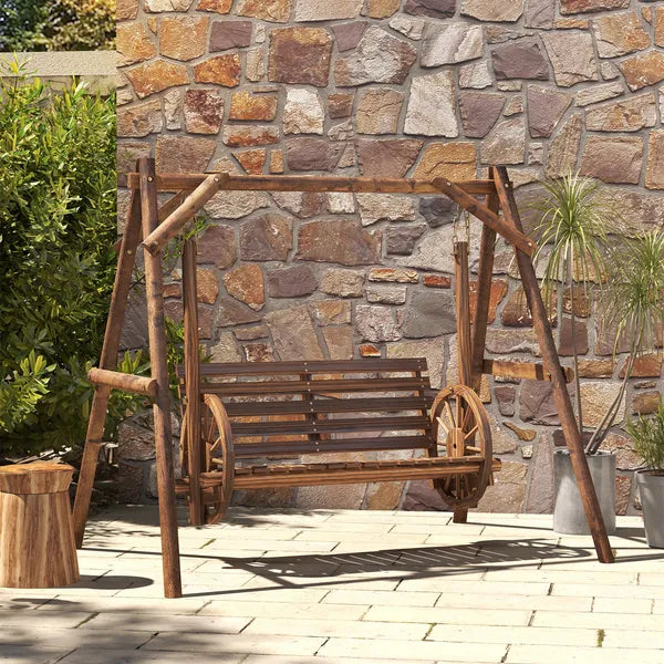 2-Seat Porch Swing with A-Frame Stand, Wooden Log Patio Swing Chair Bench with Wagon Wheel Armrests, Carbonized Brown - product image 10