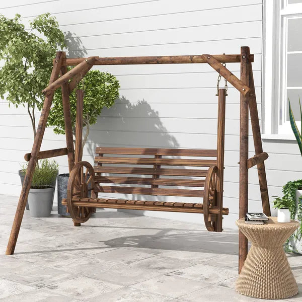 2-Seat Porch Swing with A-Frame Stand, Wooden Log Patio Swing Chair Bench with Wagon Wheel Armrests, Carbonized Brown - product image 2