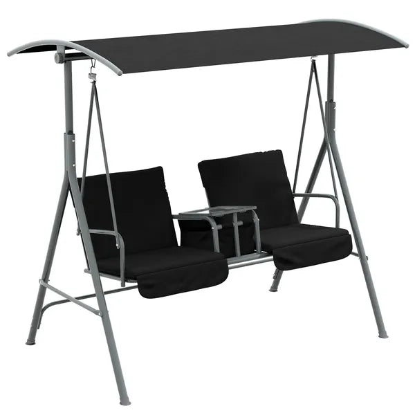 2-Seater Outdoor Porch Swing with Canopy and Table, Patio Swing Chair for Garden, Poolside, Backyard, Black - product image 1