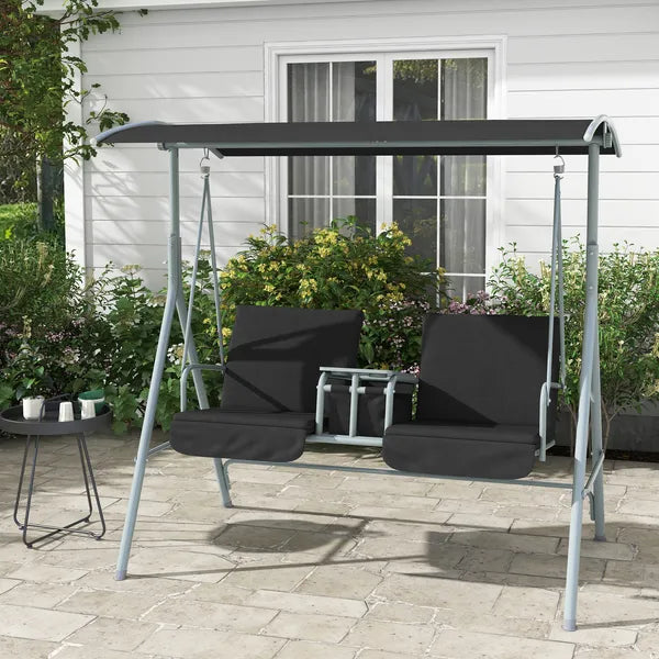 2-Seater Outdoor Porch Swing with Canopy and Table, Patio Swing Chair for Garden, Poolside, Backyard, Black - product image 2