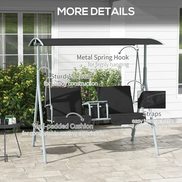 2-Seater Outdoor Porch Swing with Canopy and Table, Patio Swing Chair for Garden, Poolside, Backyard, Black - product image 6
