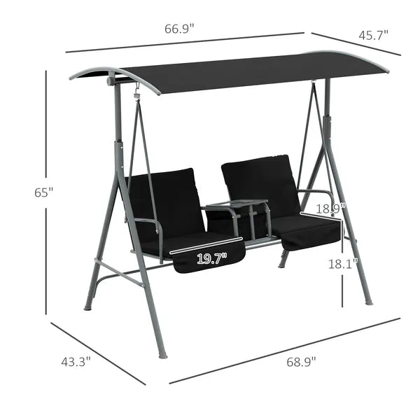 2-Seater Outdoor Porch Swing with Canopy and Table, Patio Swing Chair for Garden, Poolside, Backyard, Black - product image 3