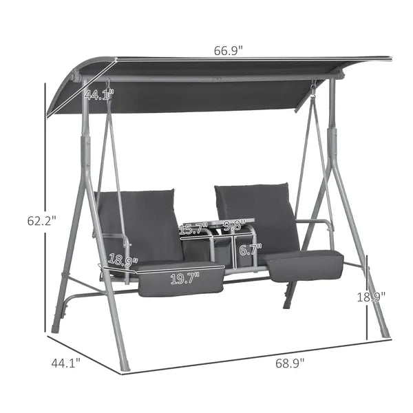 Outsunny 2-Seater Outdoor Porch Swing with Canopy and Table, Patio Swing Chair for Garden, Poolside, Backyard, Gray - product image 3
