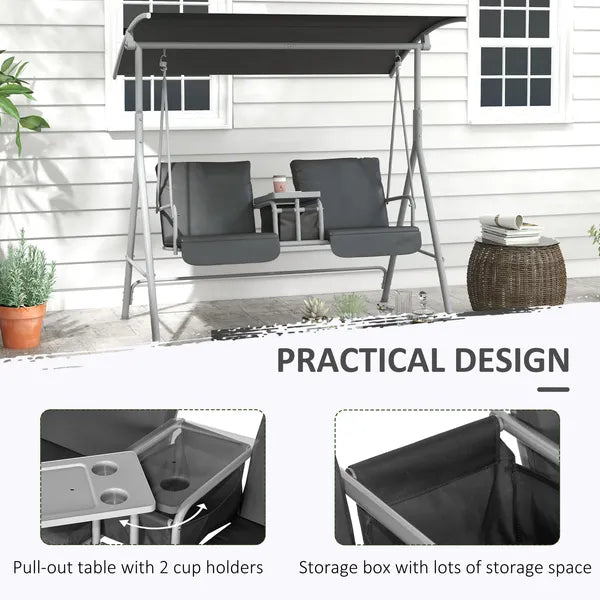 Outsunny 2-Seater Outdoor Porch Swing with Canopy and Table, Patio Swing Chair for Garden, Poolside, Backyard, Gray - product image 5