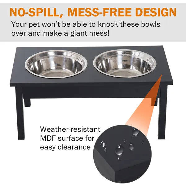 PawHut 2 Stainless Steel Pet Bowls, 23"L Durable Wooden Heavy Duty Dog Feeding Station - Black - product image 5