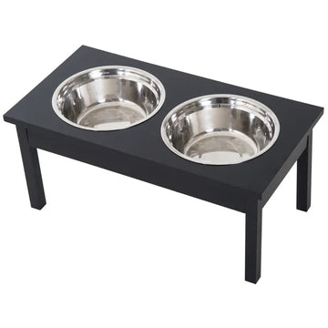 PawHut 2 Stainless Steel Pet Bowls, 23"L Durable Wooden Heavy Duty Dog Feeding Station - Black - product image 1