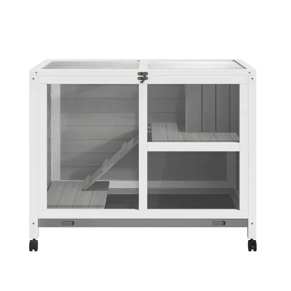 2-Story Bunny Hutch Indoor, Wooden Guinea Pig Cage with Tray, Casters, Lockable Doors, Ramp Gray - product image 8