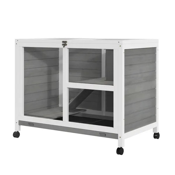 2-Story Bunny Hutch Indoor, Wooden Guinea Pig Cage with Tray, Casters, Lockable Doors, Ramp Gray - product image 11
