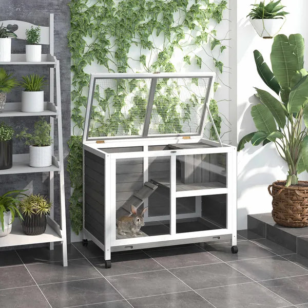 2-Story Bunny Hutch Indoor, Wooden Guinea Pig Cage with Tray, Casters, Lockable Doors, Ramp Gray - product image 2